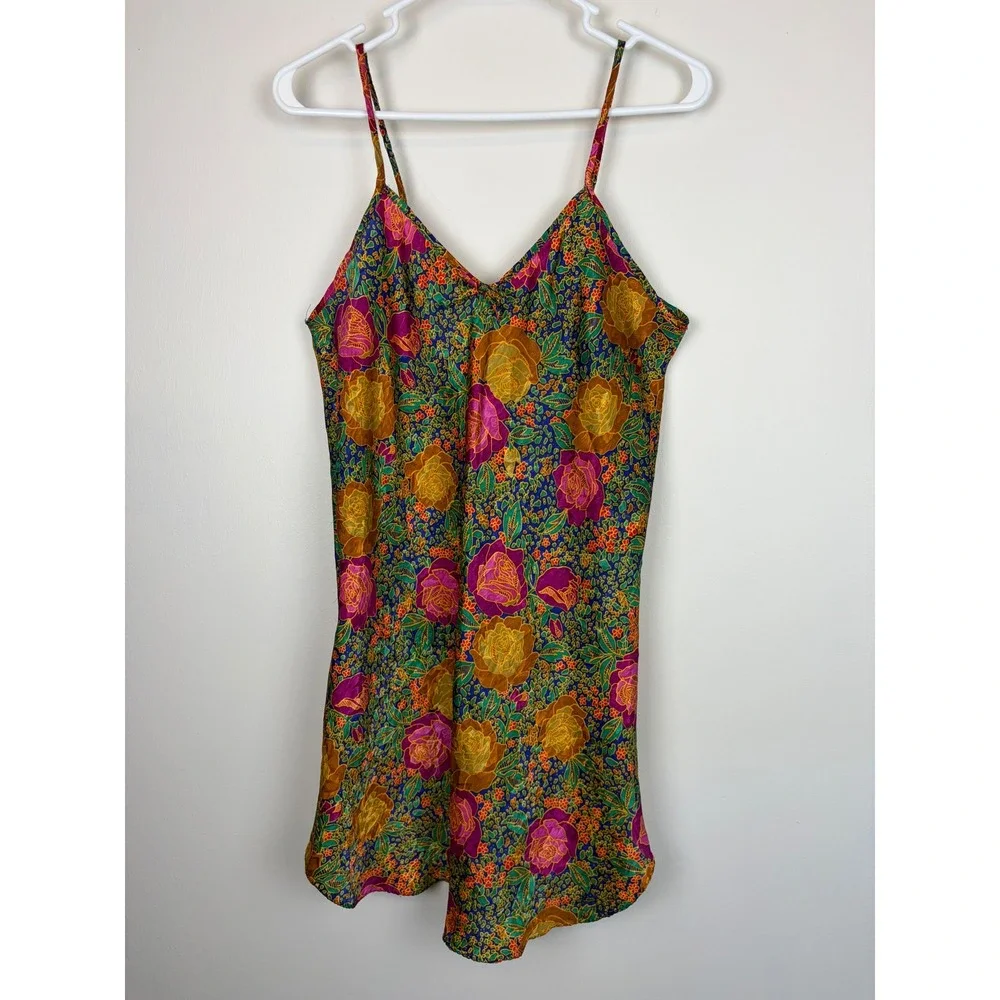 Vintage Floral Satin Slip Dress Large? 90s V-Neck Nightgown Chemise Romantic - Picture 1 of 4